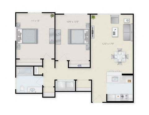 Floor plan for 2 beds, 1 bath, 859 sqft